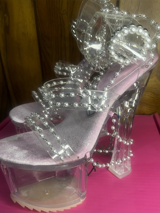 Shoes - Clear Pearl-Embellished Platform Heels in Light Pink